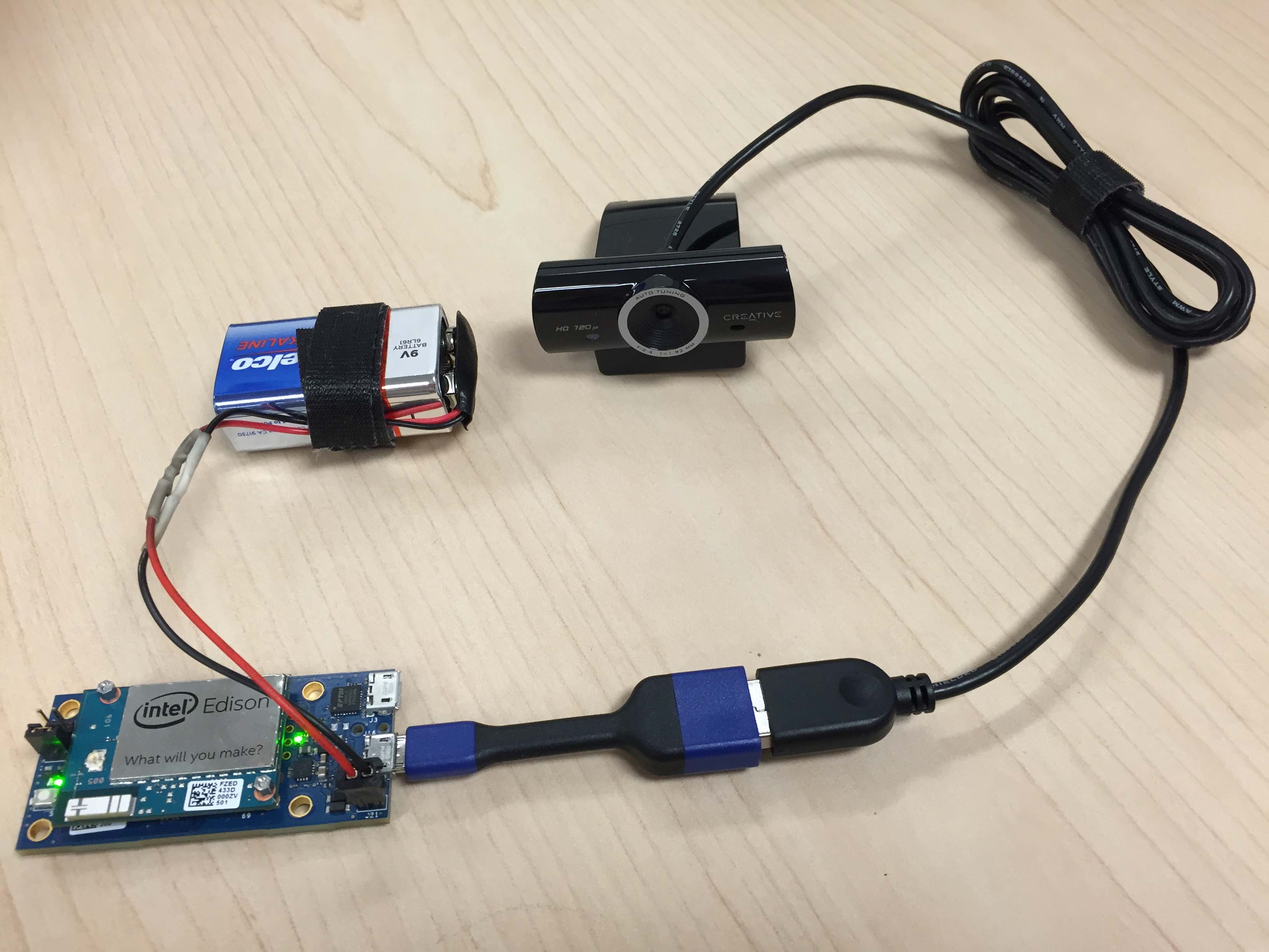 9V battery and webcam connected to the Edison Mini breakout board